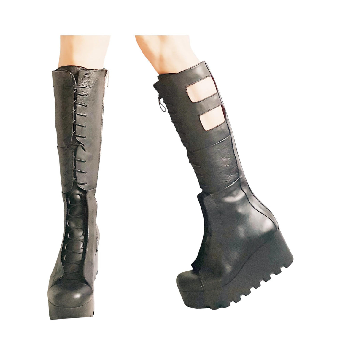 Black Greek Gladiator Boots, Knee High Platform Booties, Closed Toe Gothic Shoes