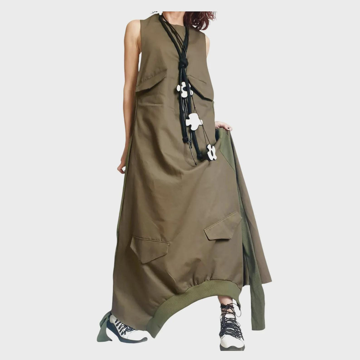 Blue Maxi Loose Dress, Pockets Asymmetric Kaftan, Sleeveless