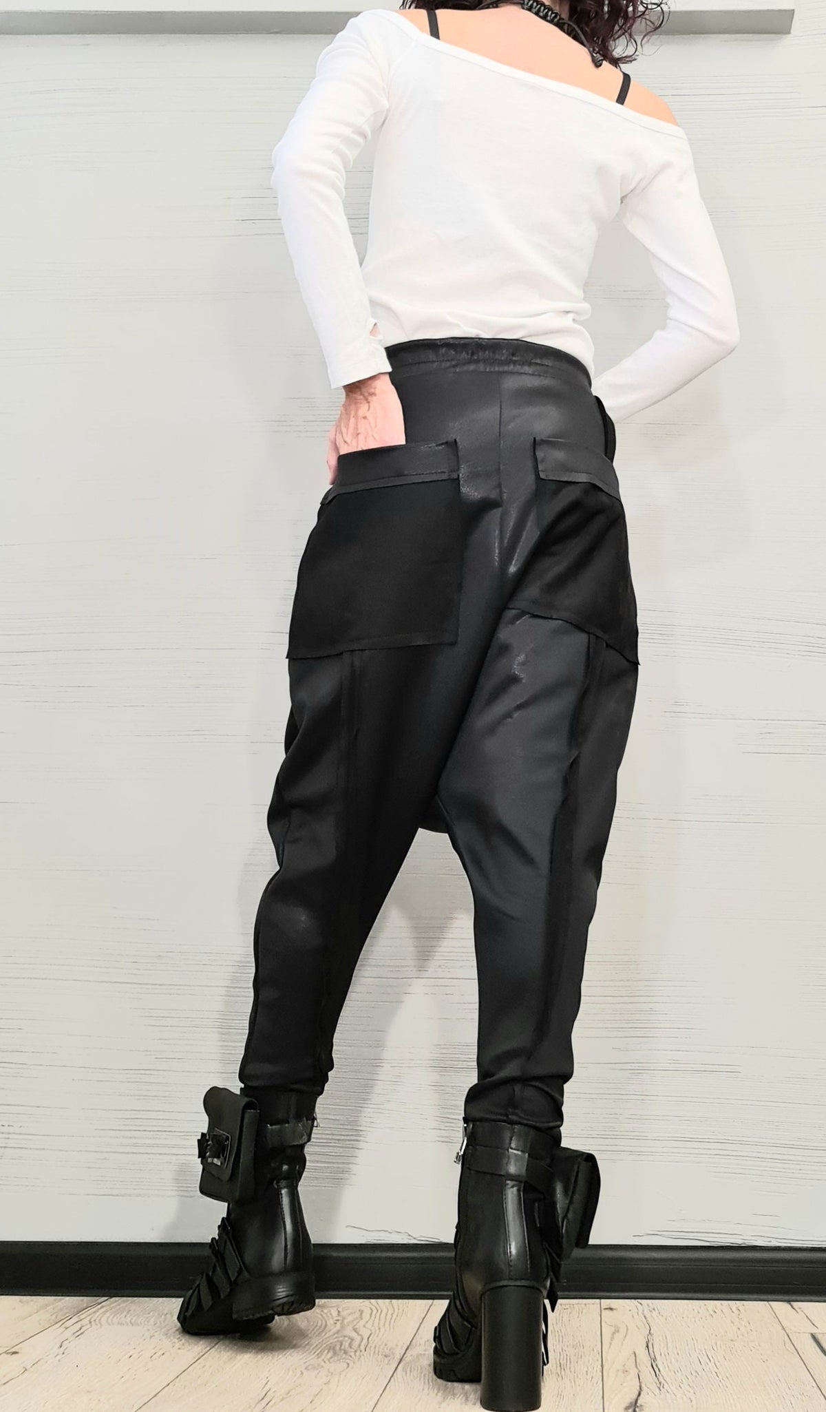 Black Neoprene Drop Crotch Pants, Tapered Harem Trousers