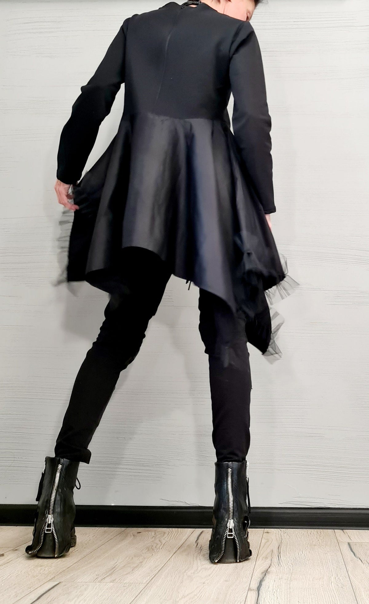 Avant Garde Tunic Dress, Deconstructed Asymmetric Tulle Top, Long Sleeve Loose Fit