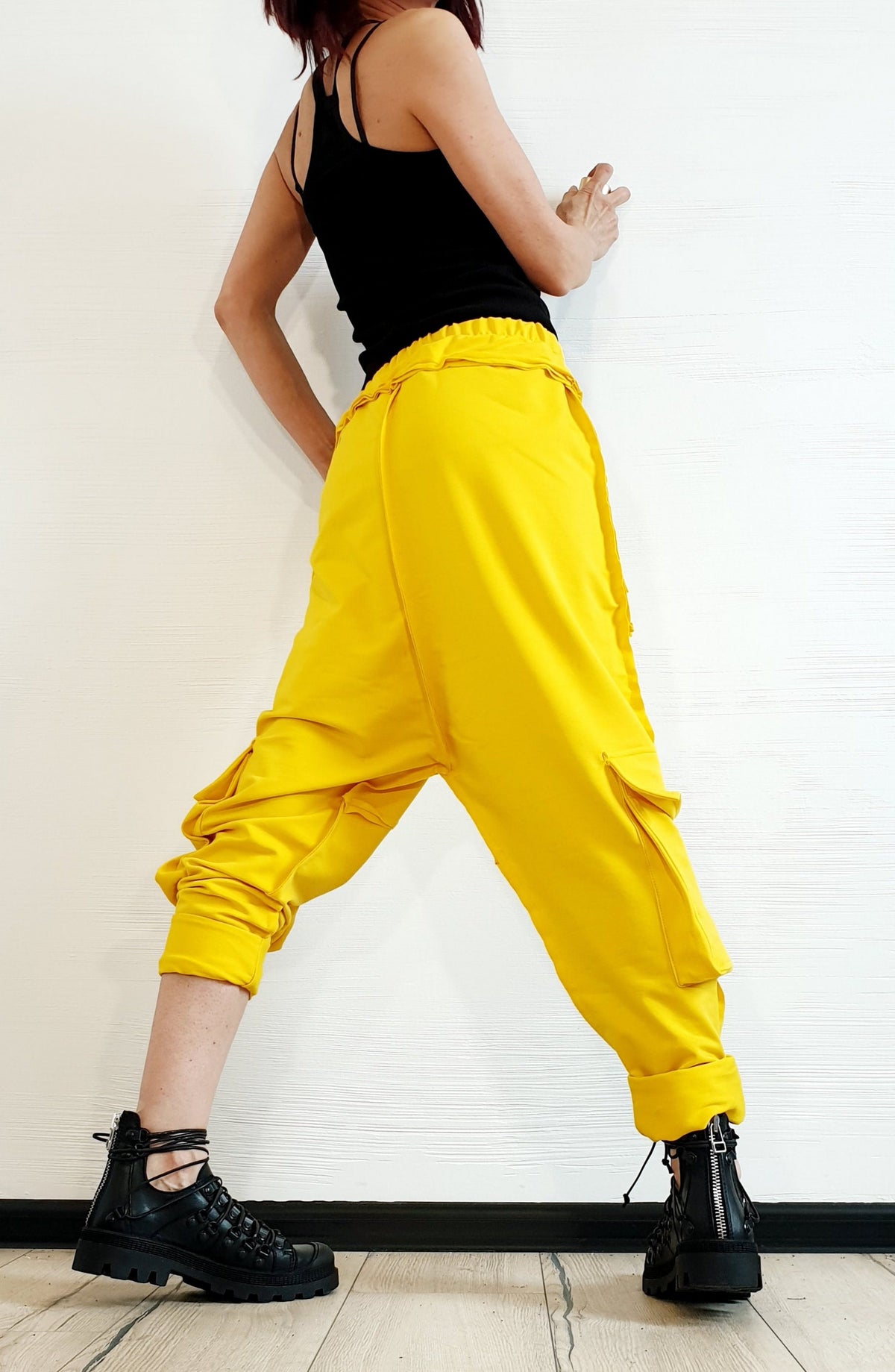 Yellow French Terry Harem Pants, Women's Baggy Trousers, Boho Festival Style