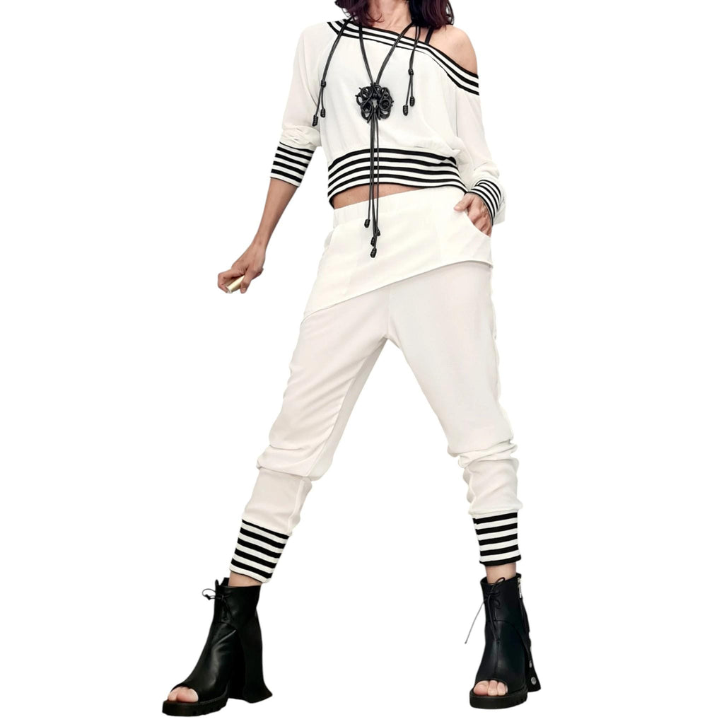 White Drop Crotch Harem Pants, Asymmetrical Off-Shoulder Cropped Blouse, Striped Trim, Two-Piece Co-Ord Set