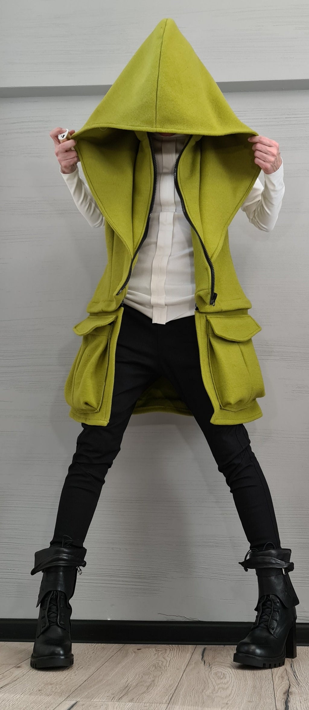 Pistachio Asymmetric Convertible Hooded Vest, Detachable Cargo Pocket Panel, Long or Cropped, Plus Size