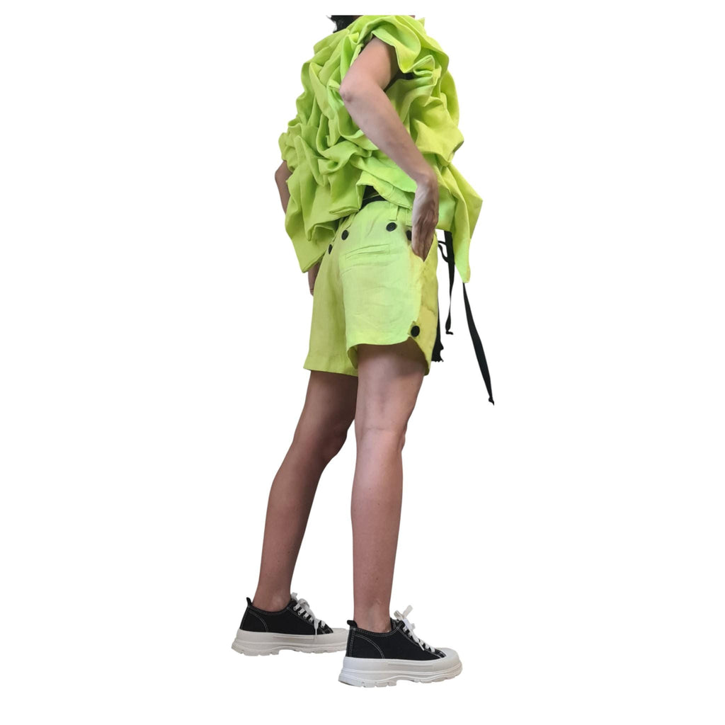 Lime Green Linen Short Jacket, Asymmetric Sleeveless Jacket