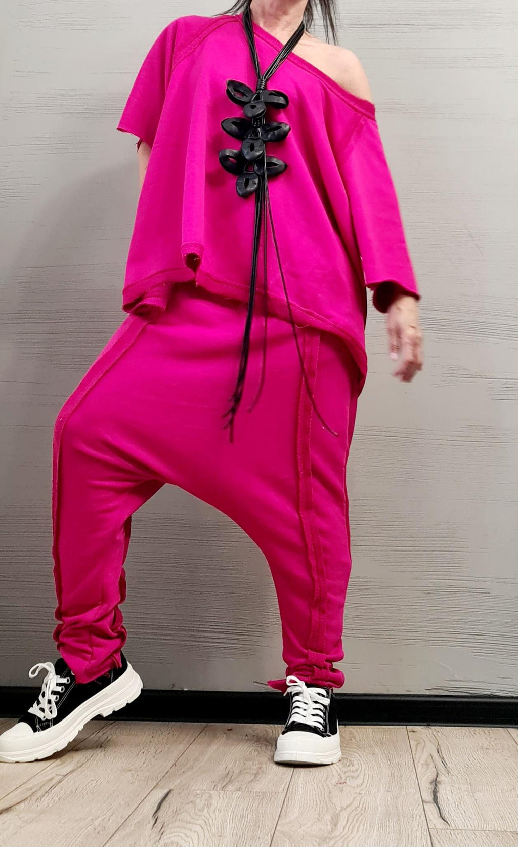 Fuchsia Cotton Drop Crotch Pants, Open Back Off Shoulder Blouse, Two-Piece Co-Ord Set