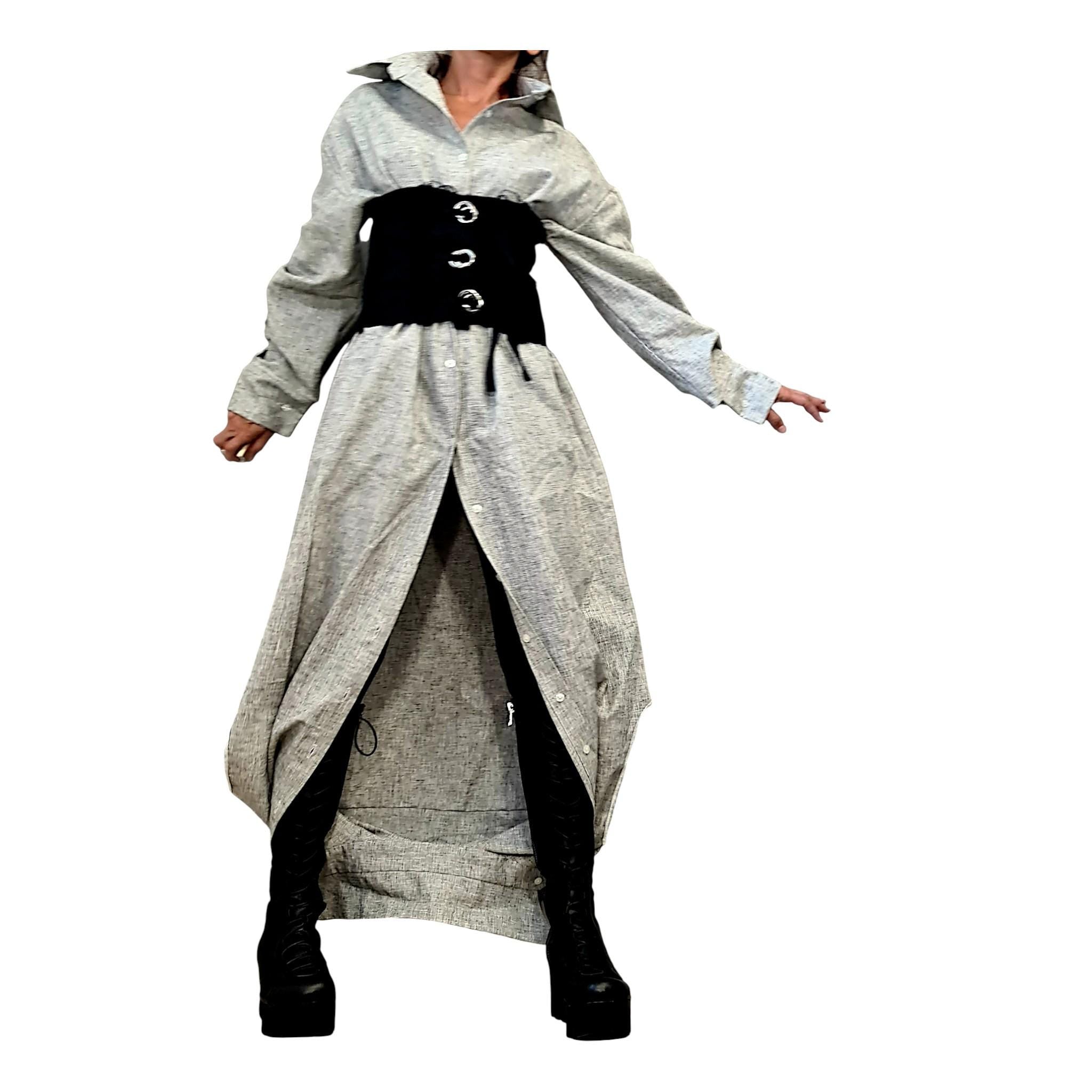 Grey Linen Transformable Shirt with Corset, Asymmetric Oversize Shirt