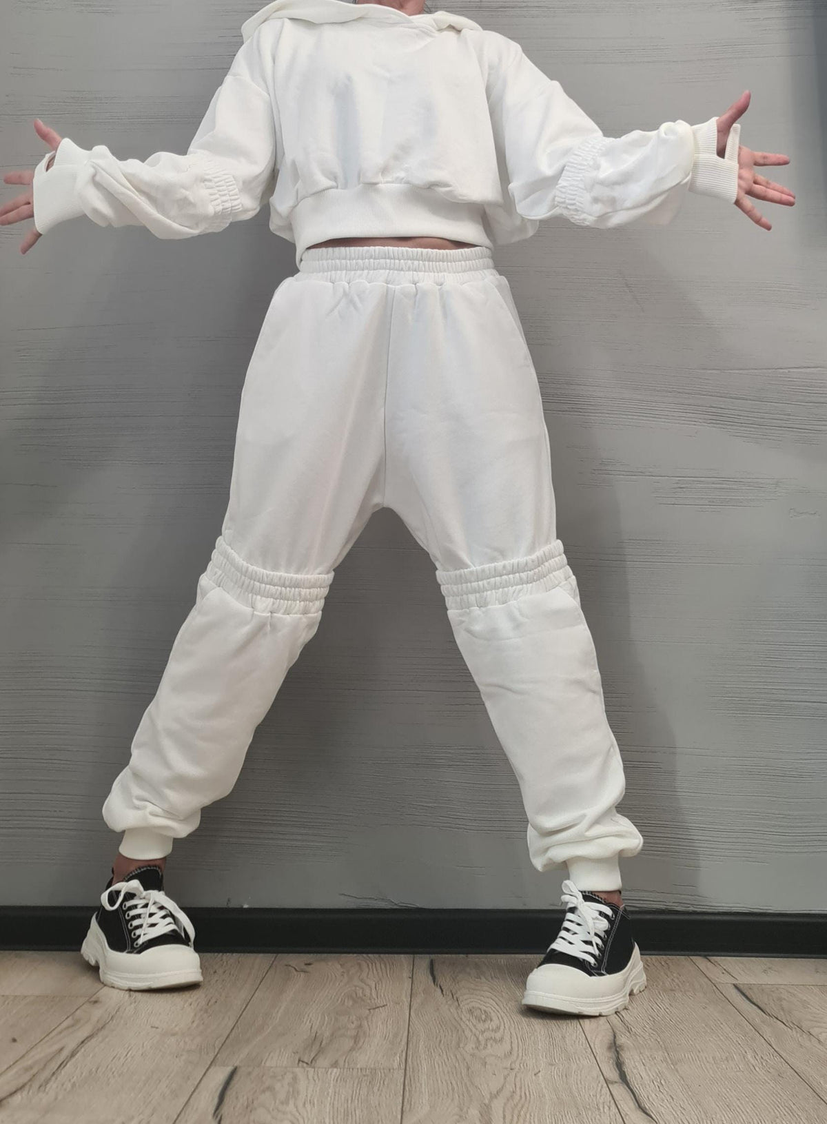 White Cotton Cargo Jogger Pants, Oversized Cropped Hoodie, Ruched Knee Panels, Two-Piece Co-Ord Set