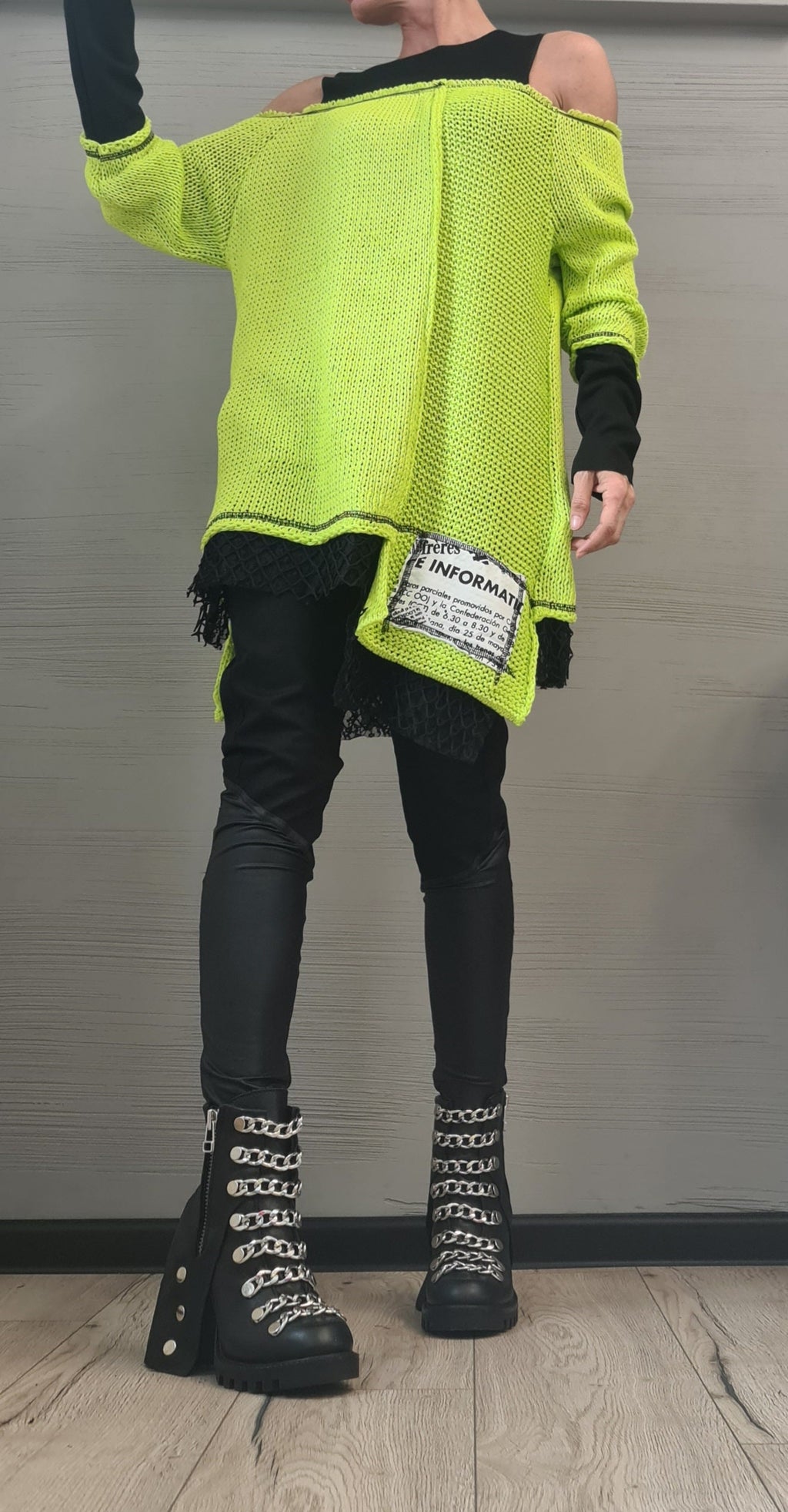 Lime Asymmetric Knitted Tunic, Open Shoulder Blouse, Plus Size Sweater