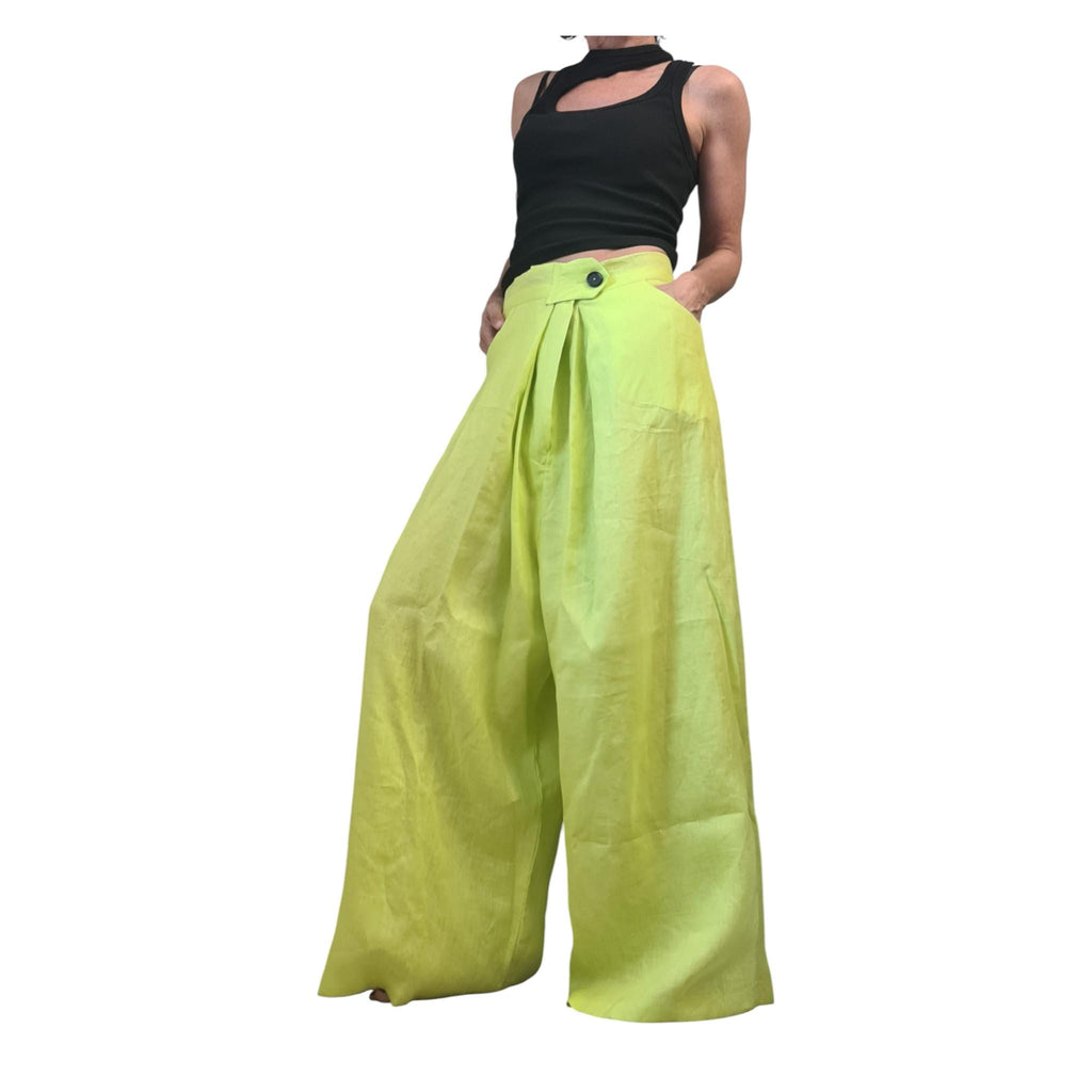 Lime Linen Drop Crotch Pants Womens Avant Garde Harem Trousers Designer Clothing