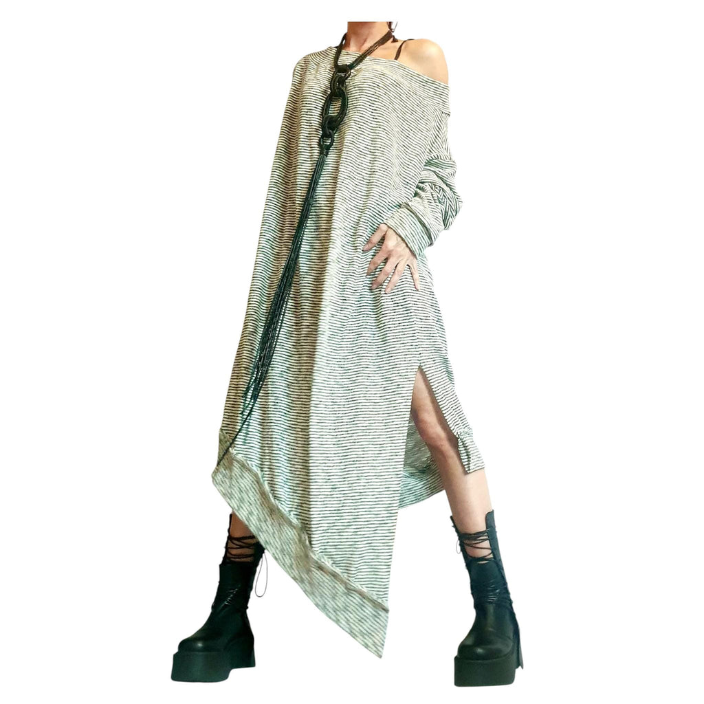 One Shoulder Maxi Dress: Striped Knit Oversize (Plus Size XS-5XL)