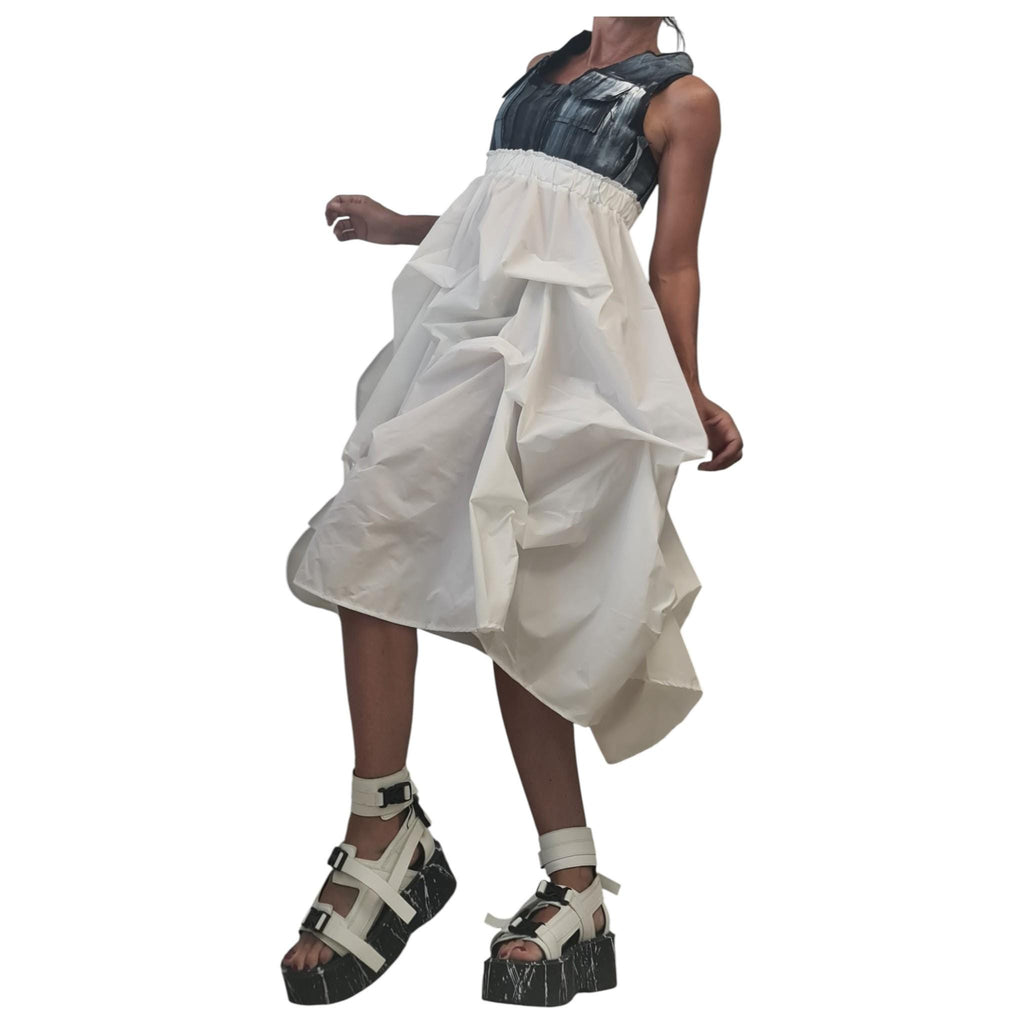 Open Back Maxi Dress, Denim Top White Bottom Dress, Avant Garde Plus Size Clothing