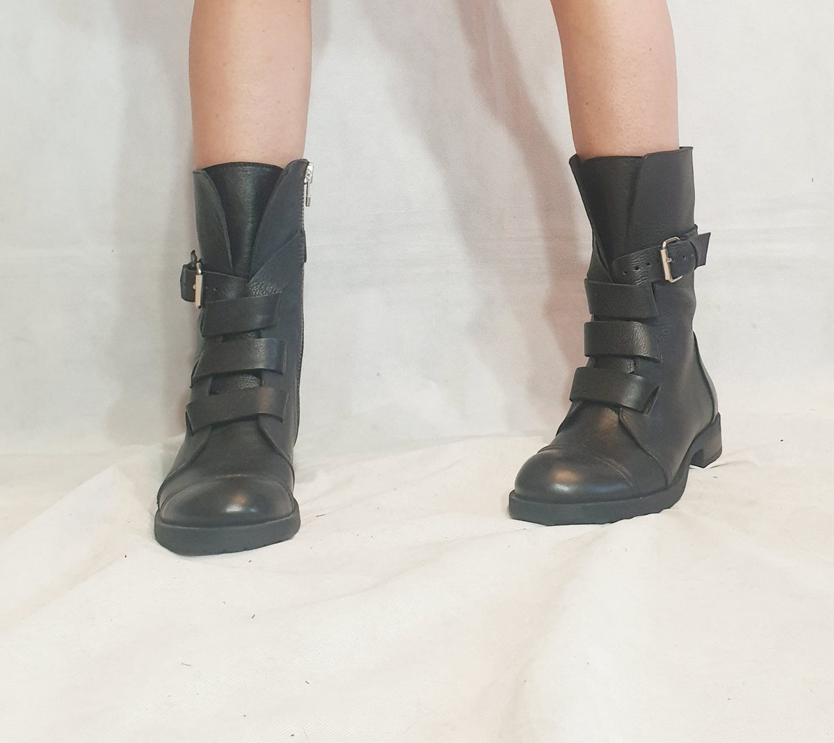 Black Leather Combat Boots, Gothic Grunge Ankle Booties, Steampunk Shoes