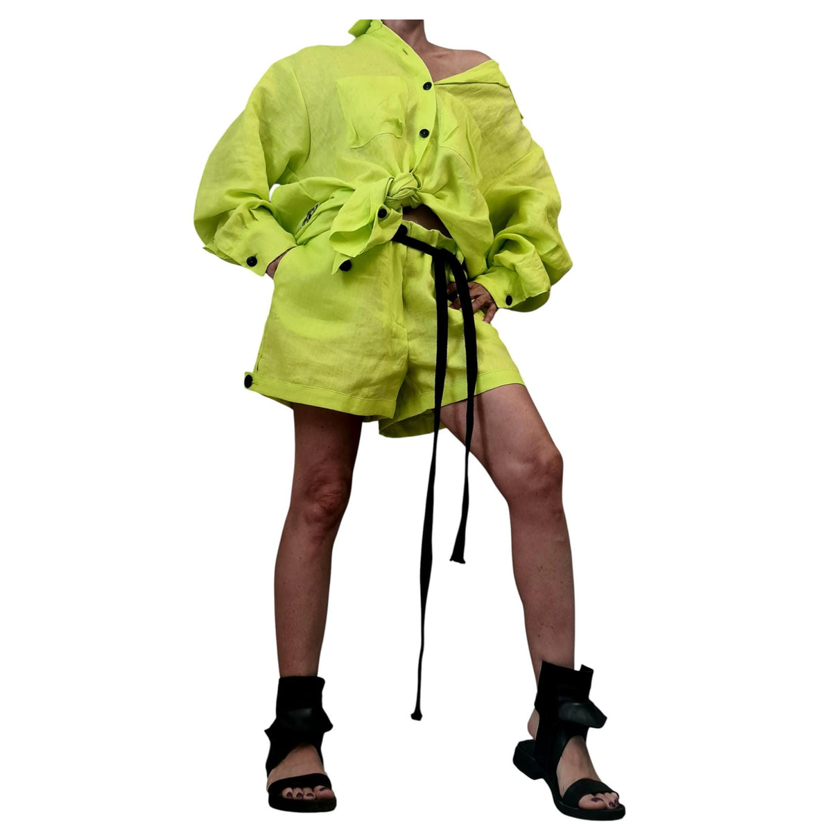 Lime Linen Two Piece Set for Women, Oversized Open Back Shirt, Avant Garde Shorts