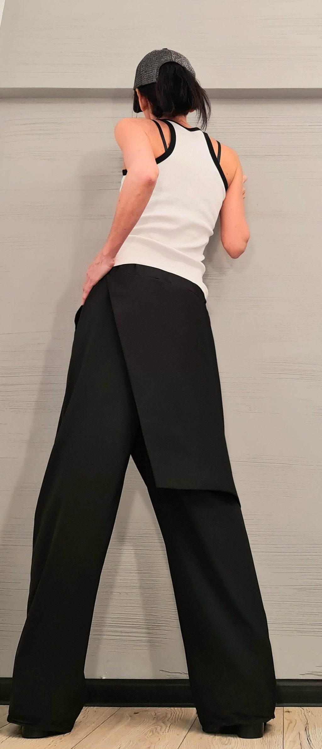 Black Asymmetric Wide Leg Pants, Wrap Skirt Overlay, Silver Carabiner Closure