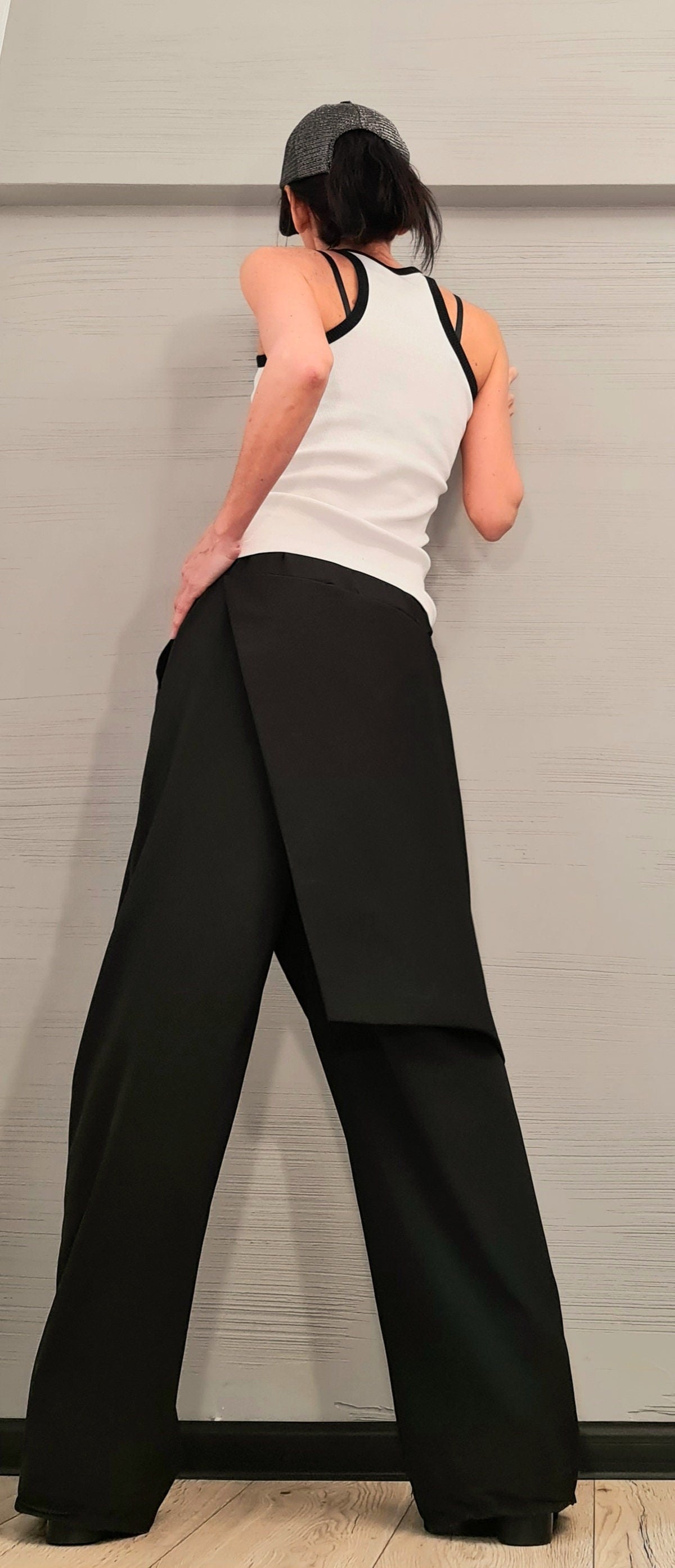 Black Asymmetric Wide Leg Pants, Wrap Skirt Overlay, Silver Carabiner Closure