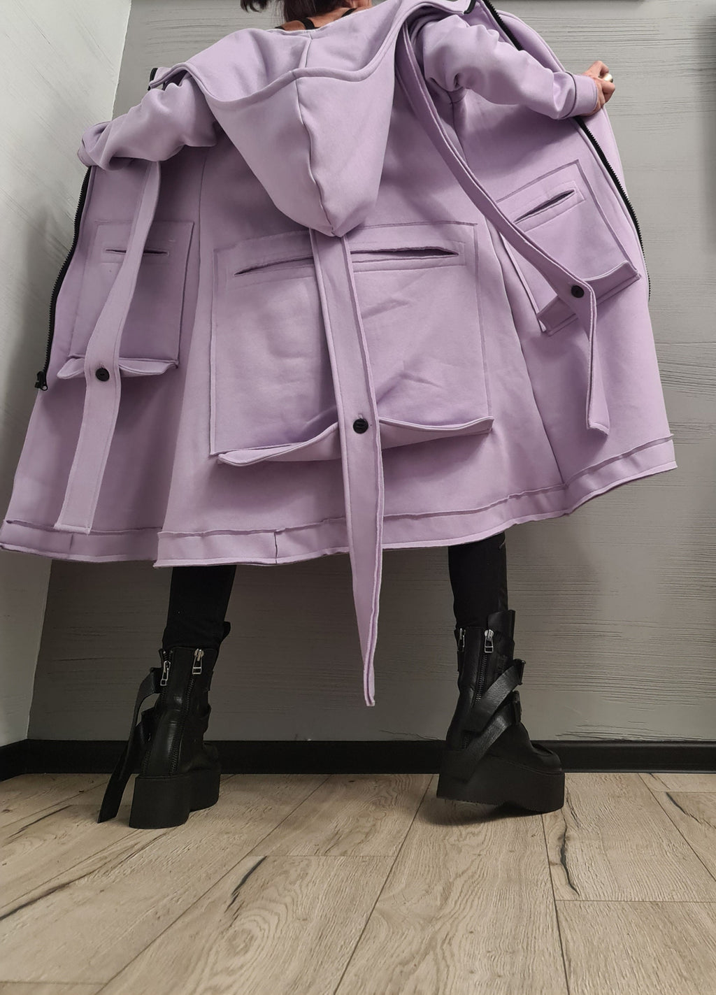 Lavender Oversized Hooded Cotton Coat, Plus Size Long Sweatshirt Jacket, Large Cargo Pockets