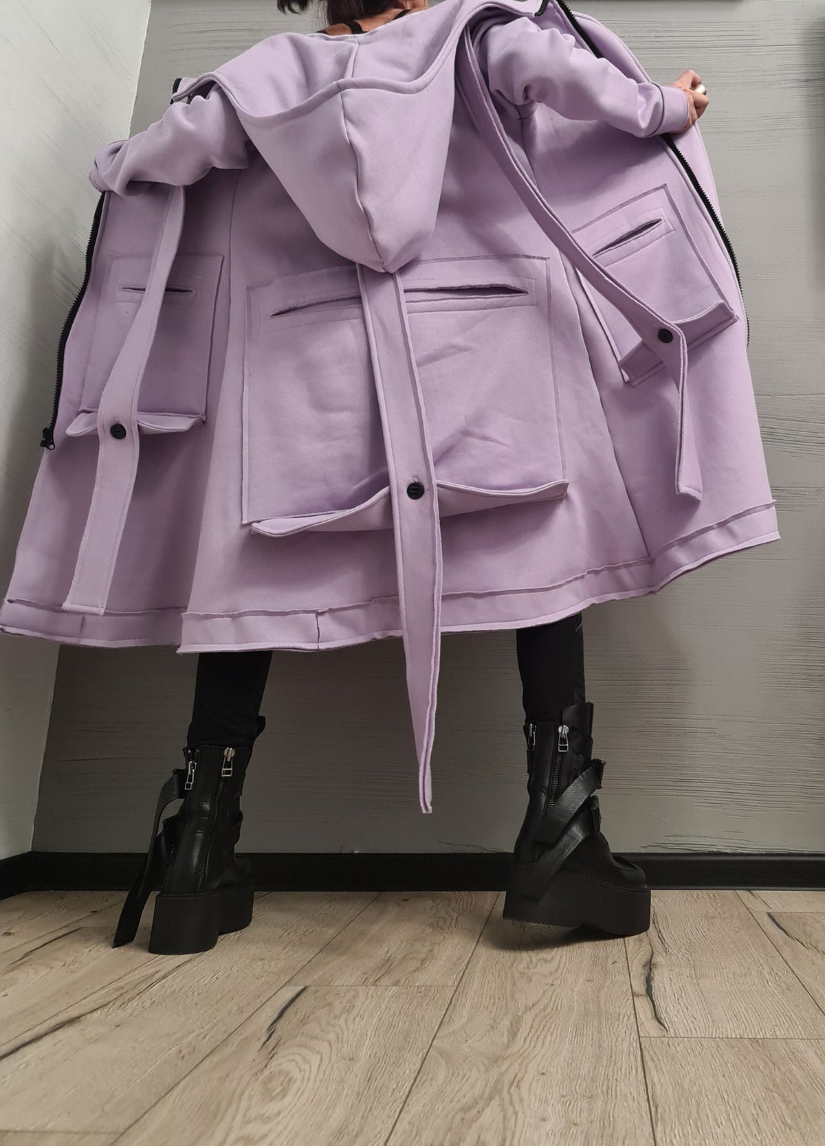 Lavender Oversized Hooded Cotton Coat, Plus Size Long Sweatshirt Jacket, Large Cargo Pockets