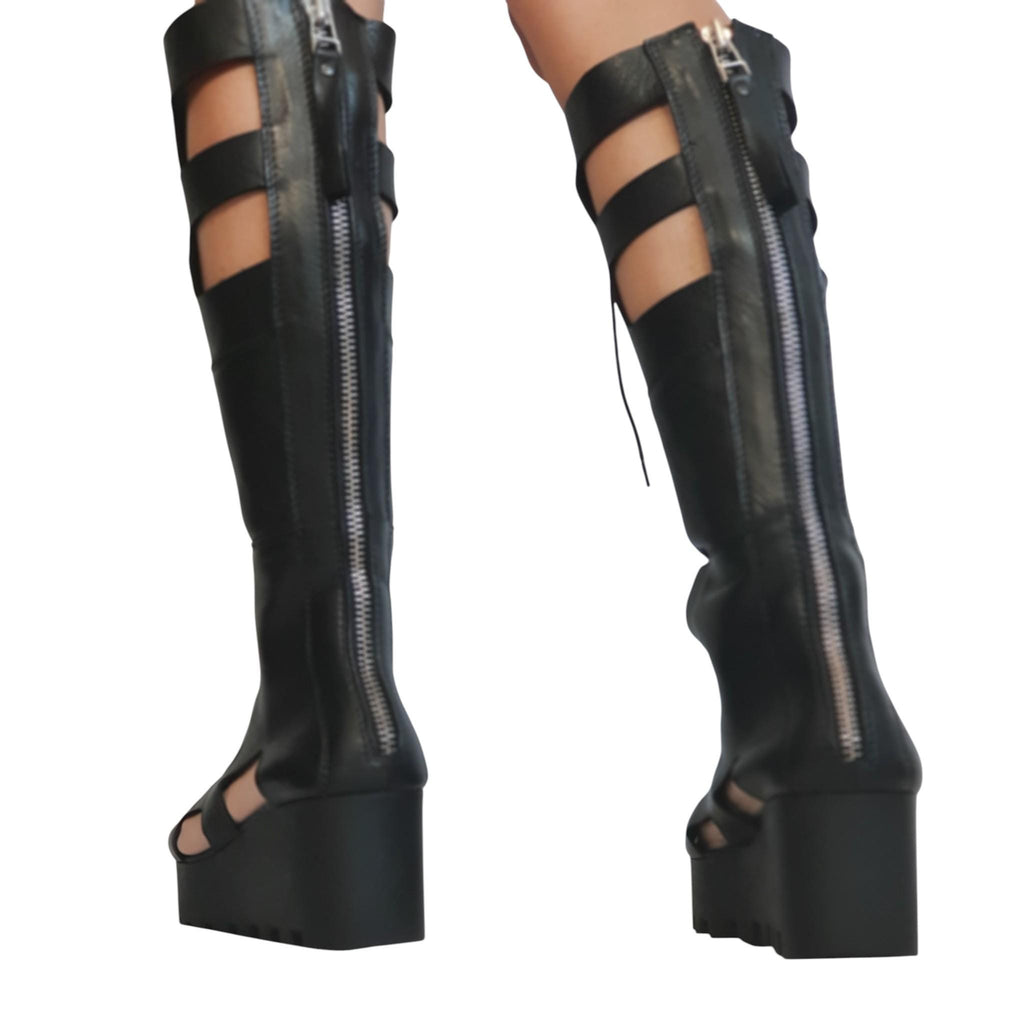 Black Leather Gladiator Knee High Platform Wedge Sandals for Women Gothic Style, Open Toe