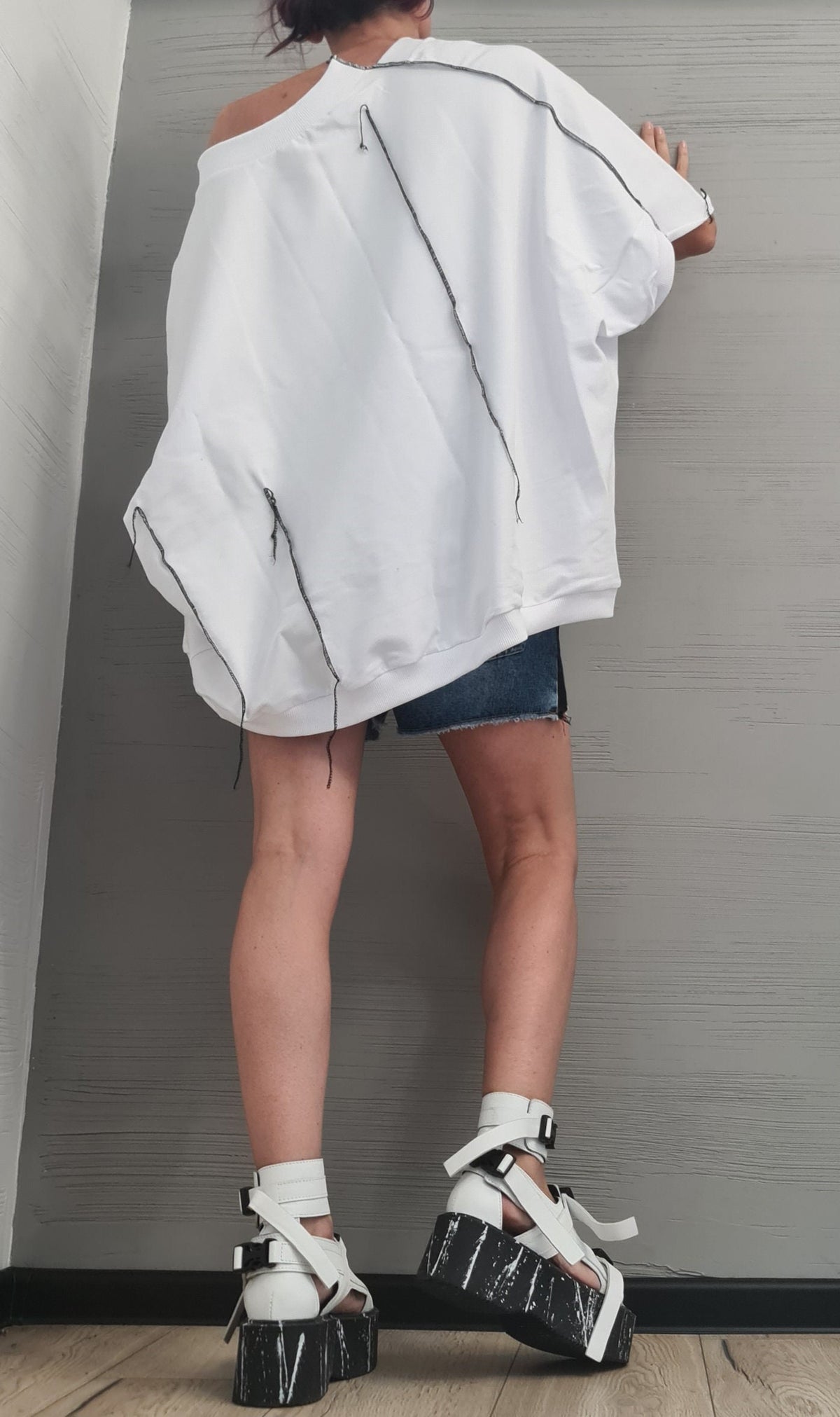 White Asymmetrical Oversized Blouse, Avant Garde Loose Deconstructed Tunic, Plus Size Top