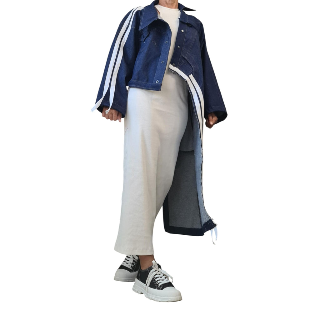 Asymmetrical Denim Jacket, Deconstructed Oversized Coat, Handmade Plus Size Outerwear for Women
