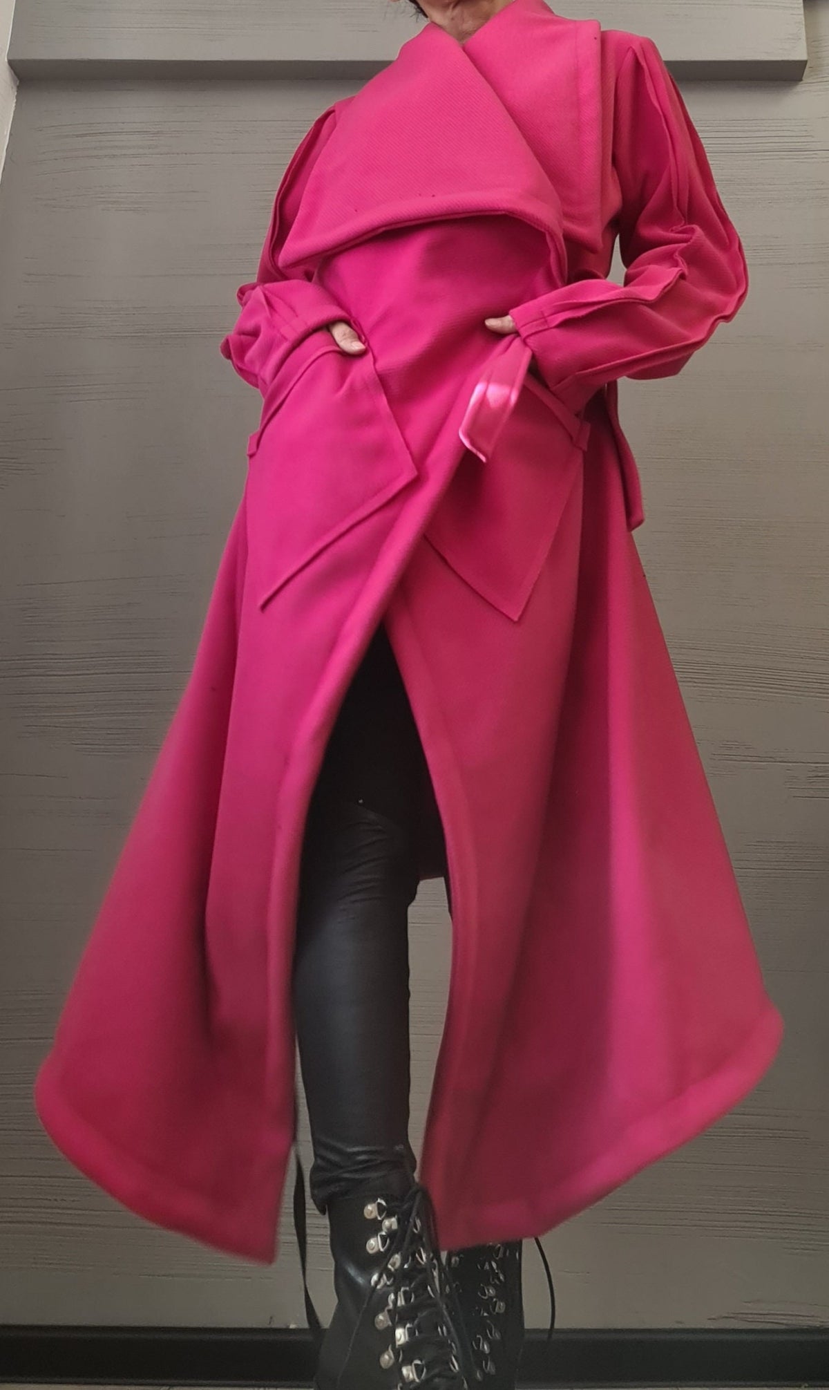 Hot Pink Asymmetric Wrap Coat, Plus Size Long Jacket, Short Back and Tie Belts