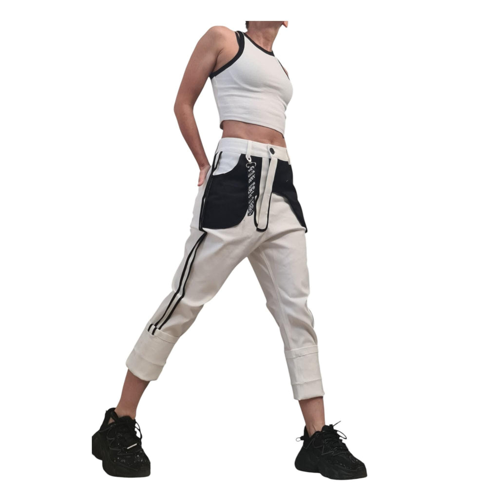 Black&Whit Denim Cargo Pants – Black Contrast Piping, Streetwear Trousers