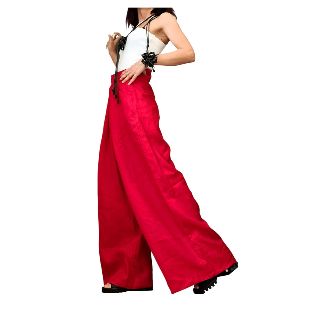 Red Wide Leg Linen Pants, Adjustable Waist Wrap Design, Avant Garde Oversized Trousers