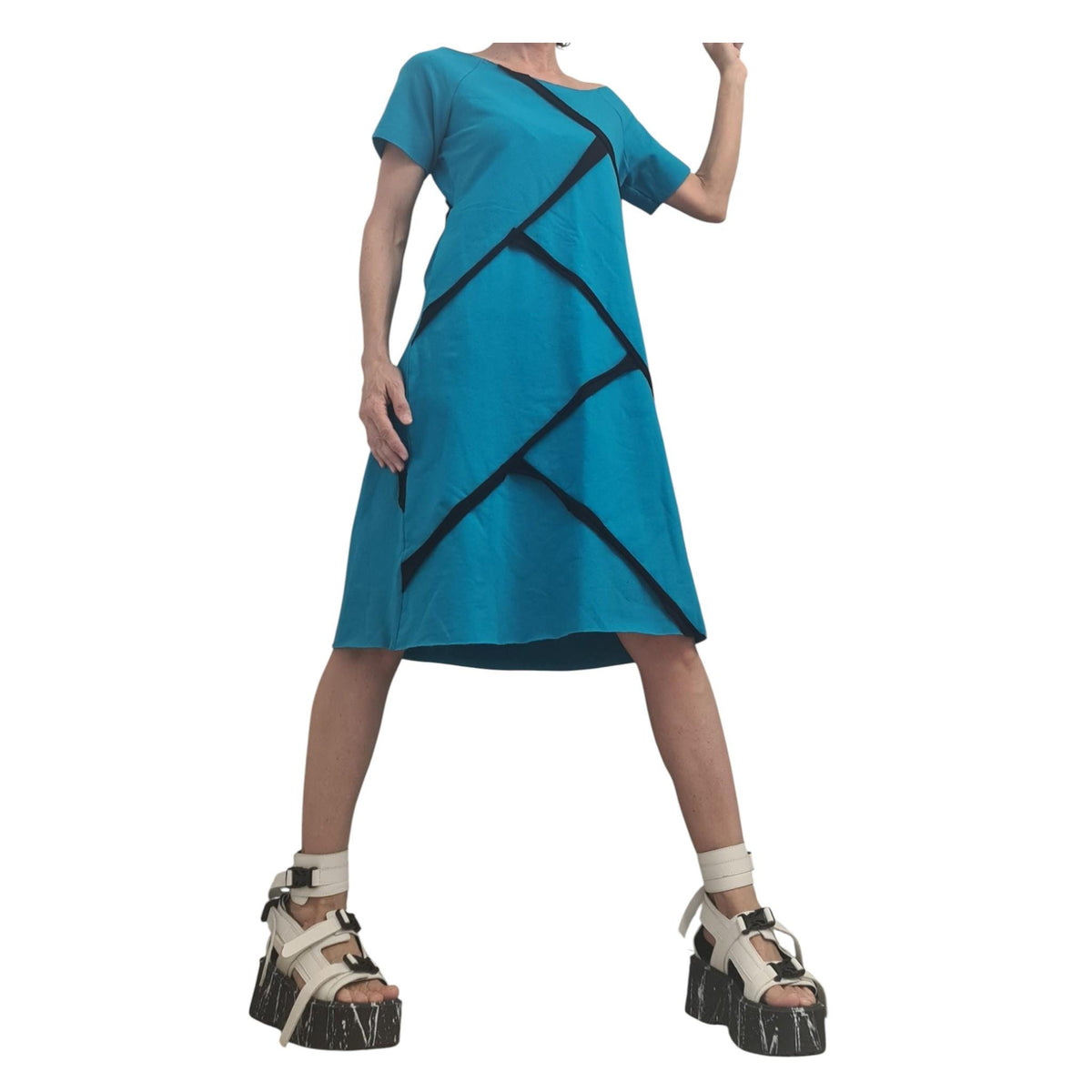 Blue Cotton Tunic Dress, Plus Size Asymmetric Outfit, Short Sleeve Fashion for Women