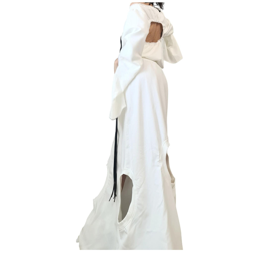 White Cotton Cutout Maxi Skirt, Cropped Open Back Blouse, Bell Sleeves, Two-Piece Co-Ord Set