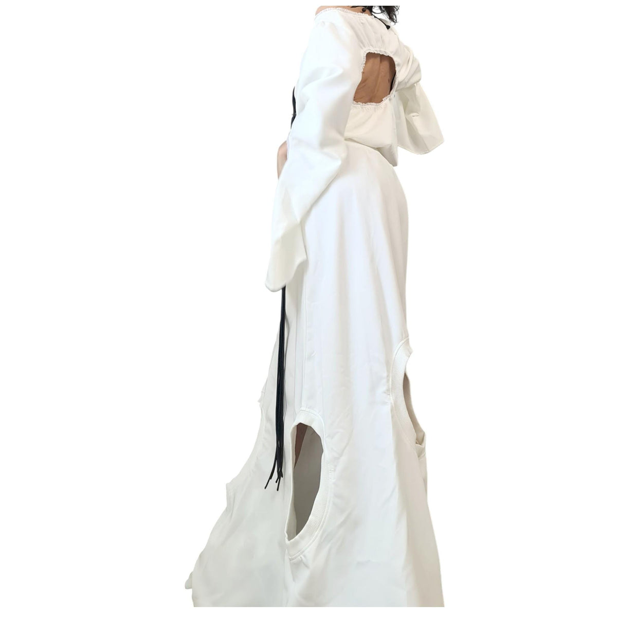White Cotton Cutout Maxi Skirt, Cropped Open Back Blouse, Bell Sleeves, Two-Piece Co-Ord Set