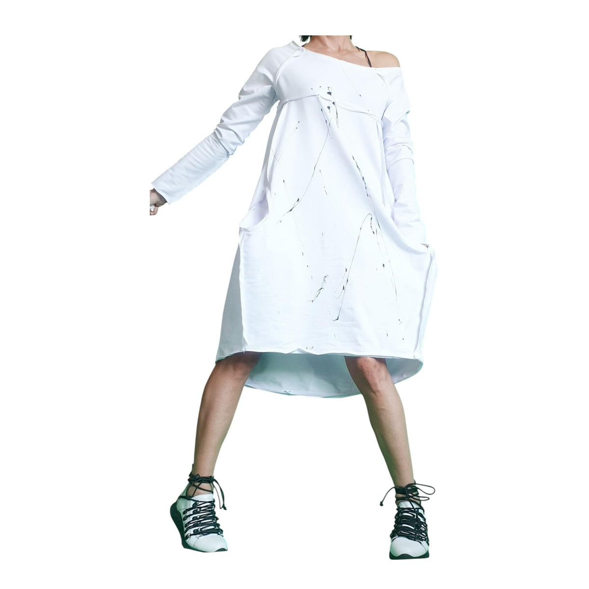White F Oversized Sweatshirt Dress, Asymmetric High Low Cut