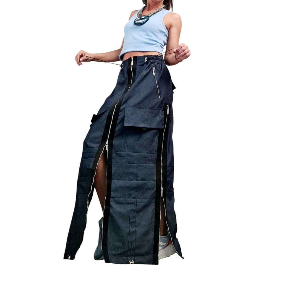 Convertible Denim Maxi Skirt, Cargo Pockets, Festival Streetwear