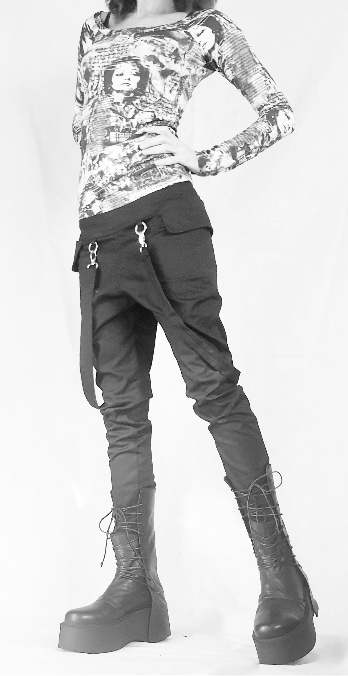 Black Slim Leg Pants, Side Pockets, Decorative Suspenders
