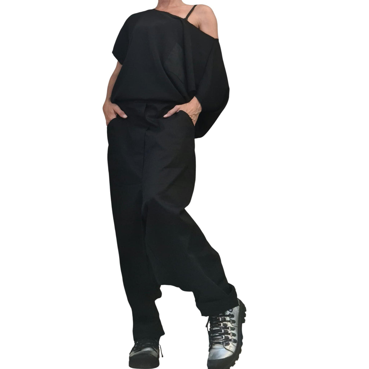 Black Gothic Harem Jumpsuit, Loose Drop Crotch Overall, Open Back Sleeveless Oversize Romper