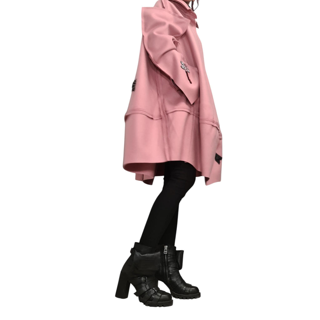 Dusty Rose Oversized A-Line Coat, High Collar Winter Jacket, Appliqué Patch Details