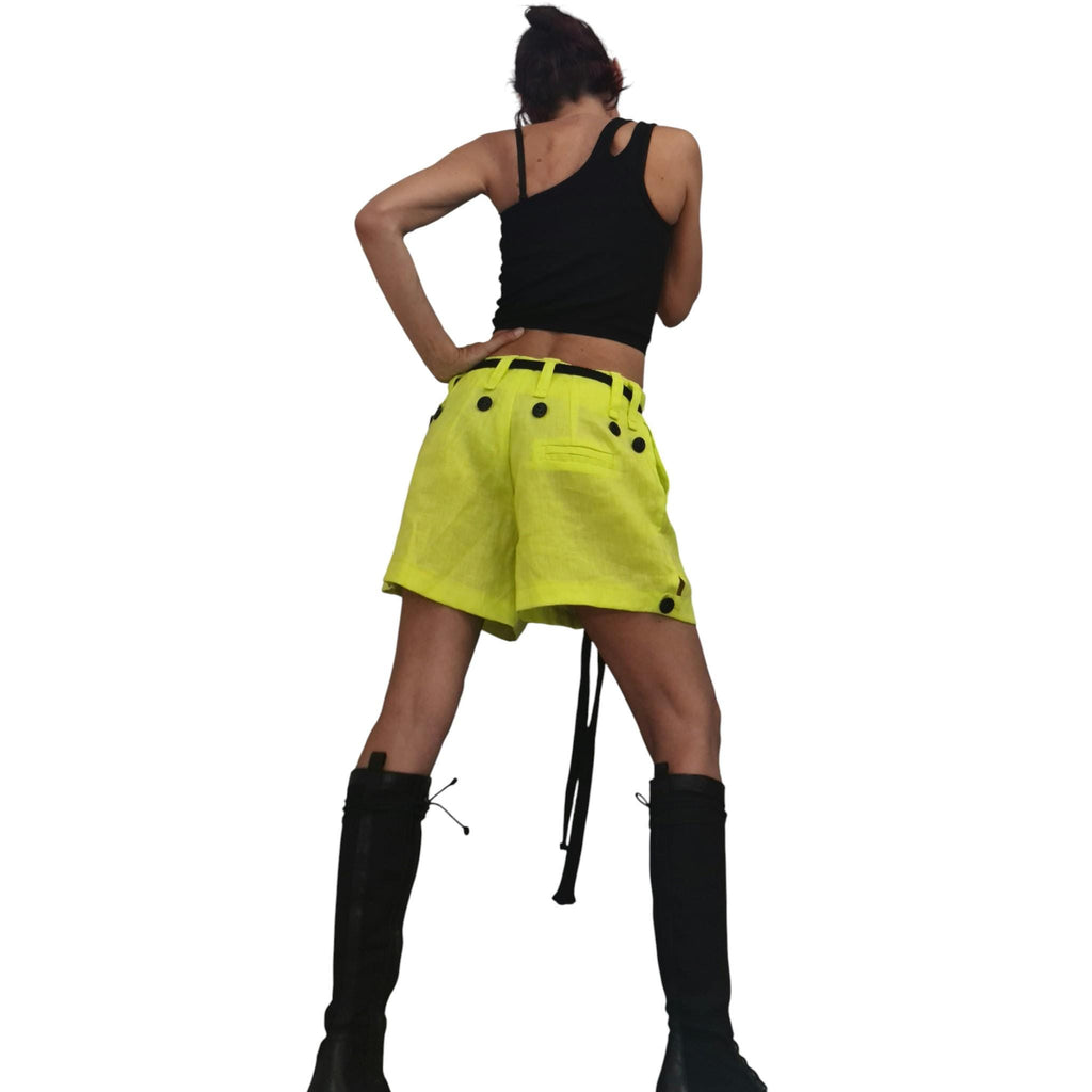 Lime Linen Avant Garde Shorts for Women, Wide Leg Summer Urban Pants