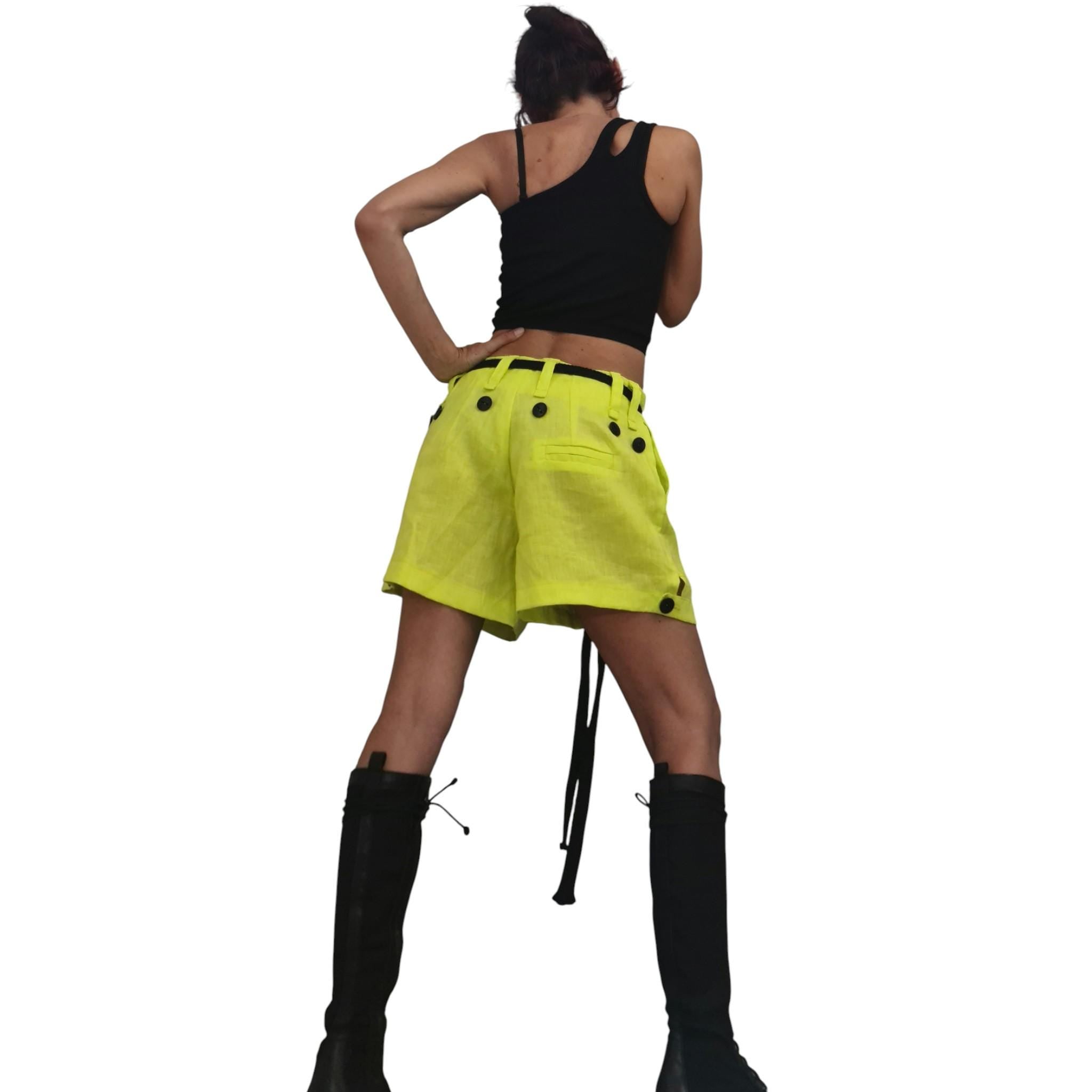 Lime Linen Avant Garde Shorts for Women, Wide Leg Summer Urban Pants