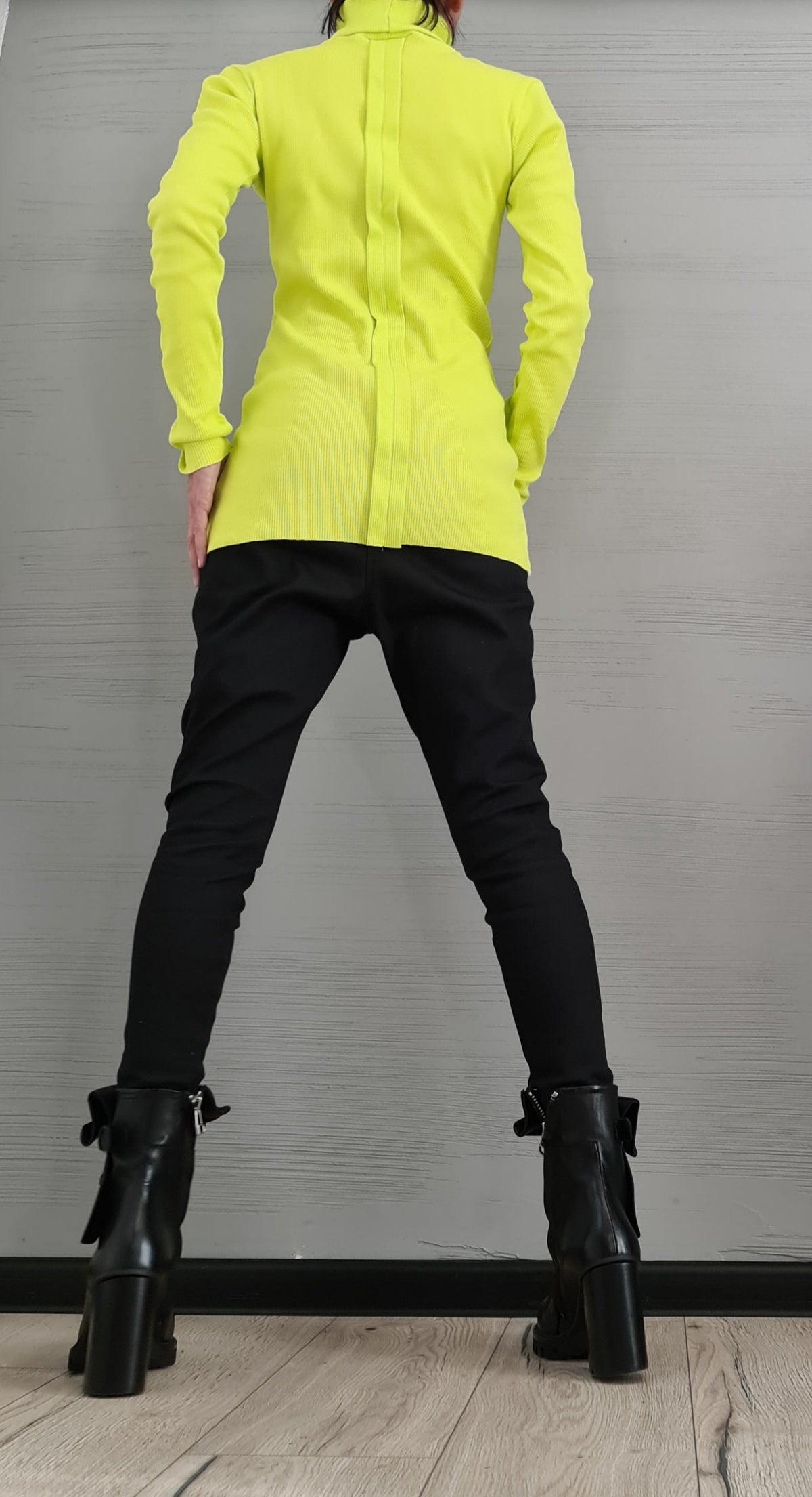 Lime Cotton Turtle Neck Fitted Top, Extravagant Avant Garde Blouse