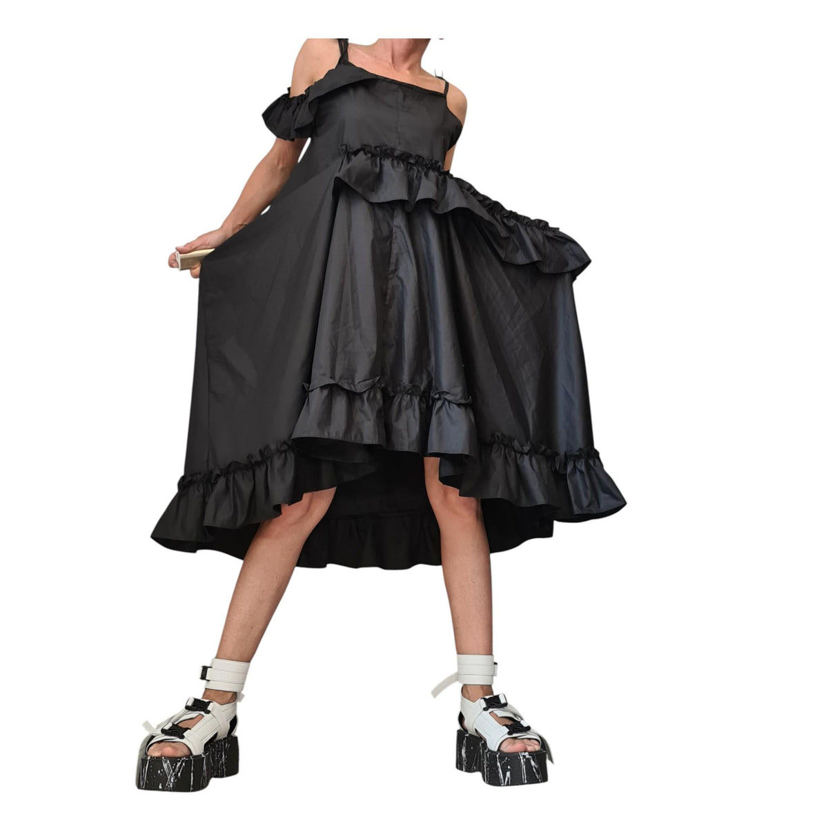 Asymmetric Loose Gothic Black Dress, Plus Size Clothing, Spaghetti Strap Dress