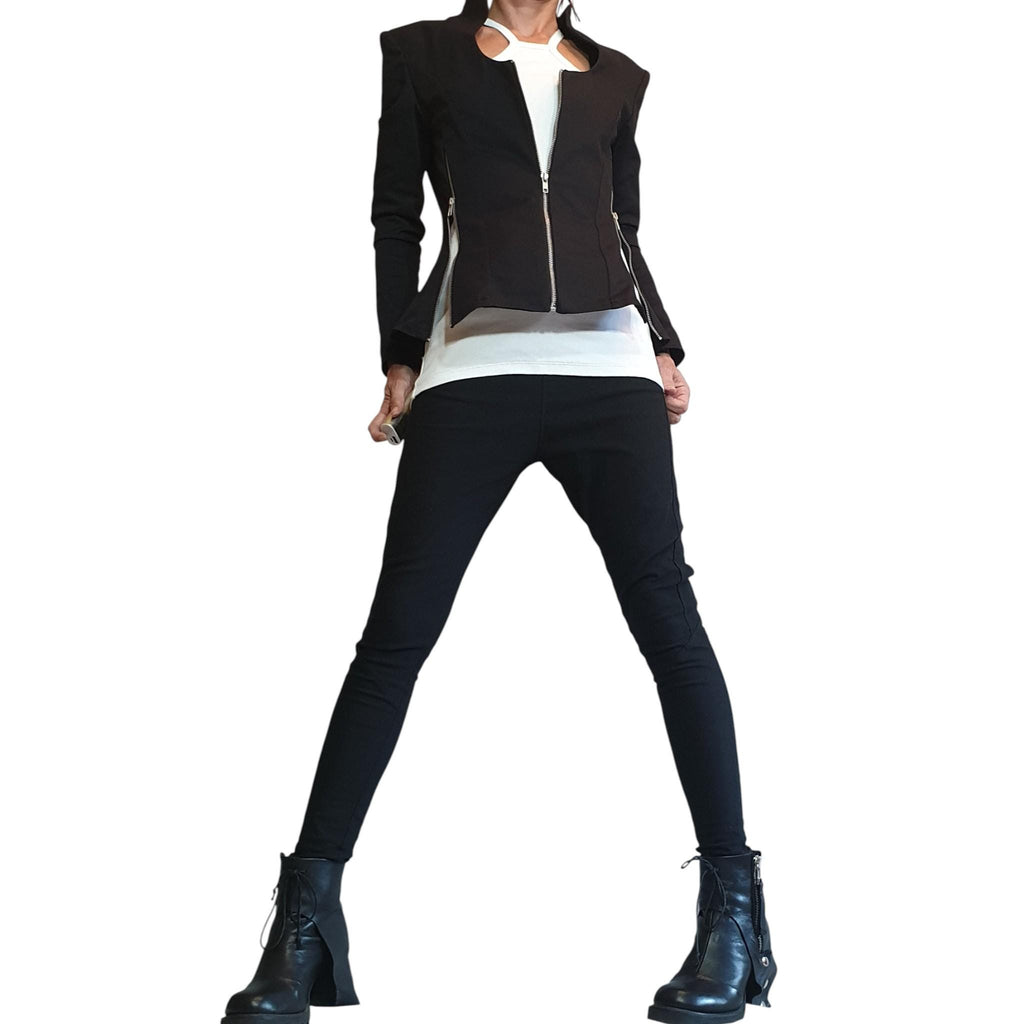 Black Fitted Zip Blazer, Structured Shoulders, Shaped Waist, Back Zip Panels, Plus Size