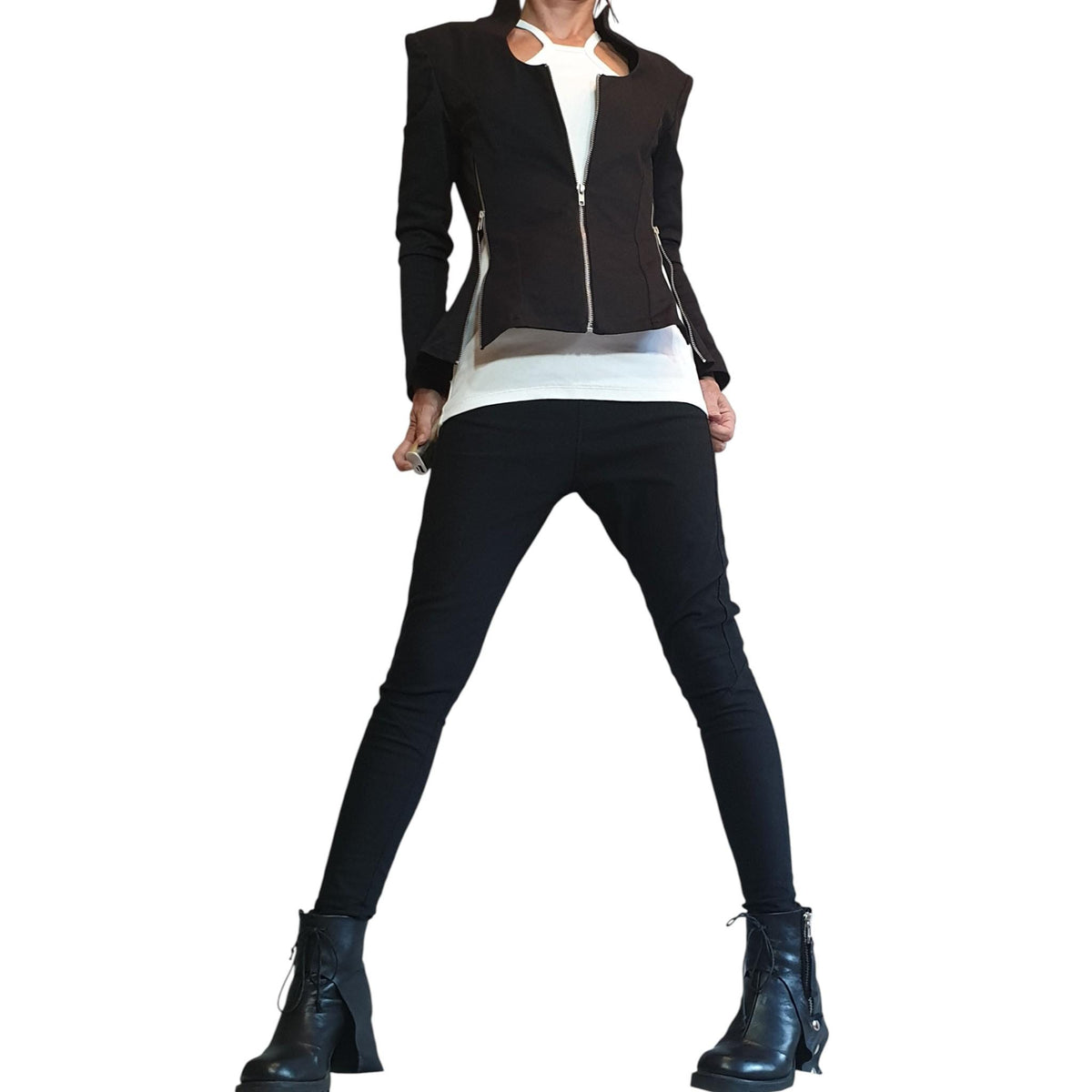 Black Fitted Zip Blazer, Structured Shoulders, Shaped Waist, Back Zip Panels, Plus Size
