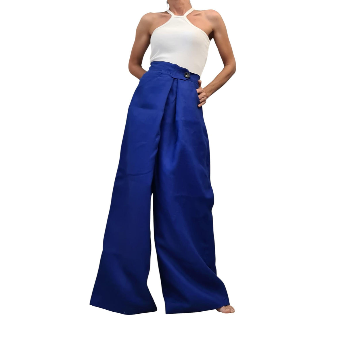 Denim Blue Linen Wide Leg Pants, Extra Loose Summer Trousers, Comfortable Everyday Wear