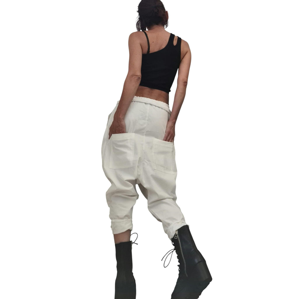 White Cotton Harem Trousers, Drop Crotch Pants