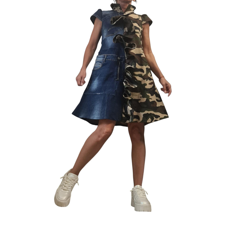 Denim Camouflage Dress, Avant Garde Military Style, Asymmetrical Cotton Outfit, Women’s Fashion