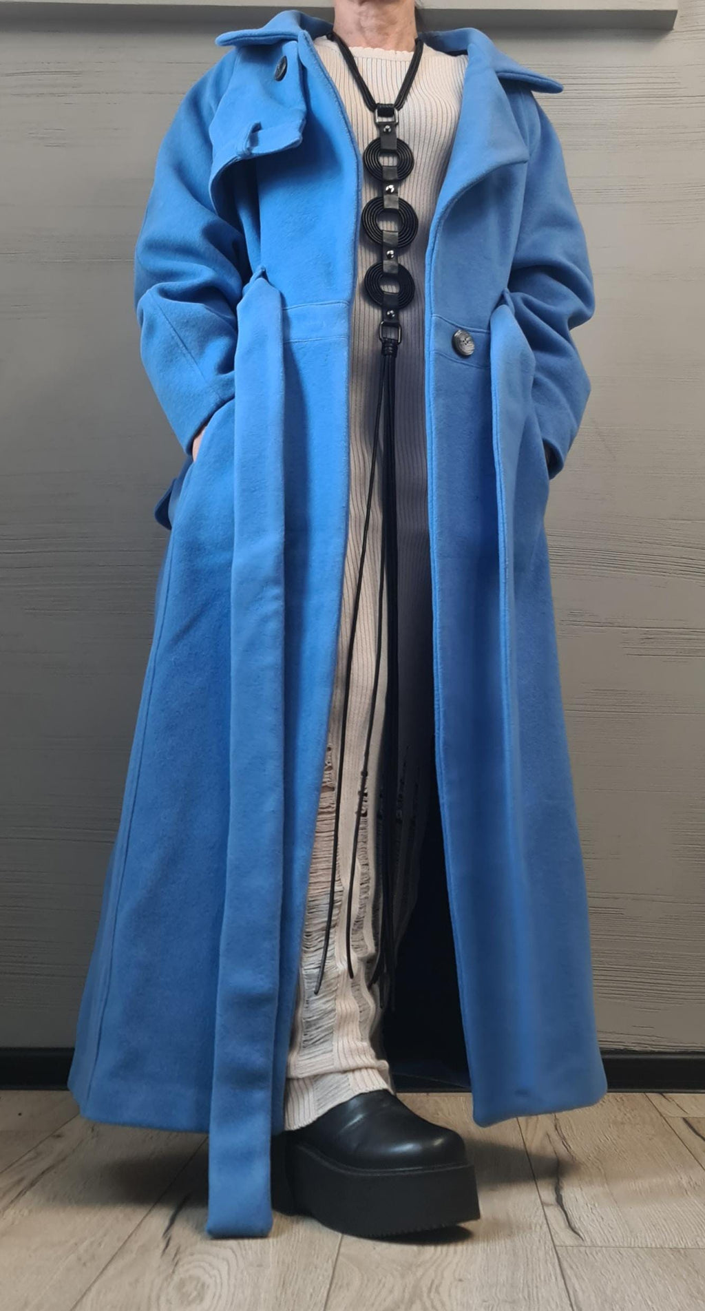 Blue Oversized Maxi Coat, Structured Shoulder Long Jacket, Belted Winter Trench