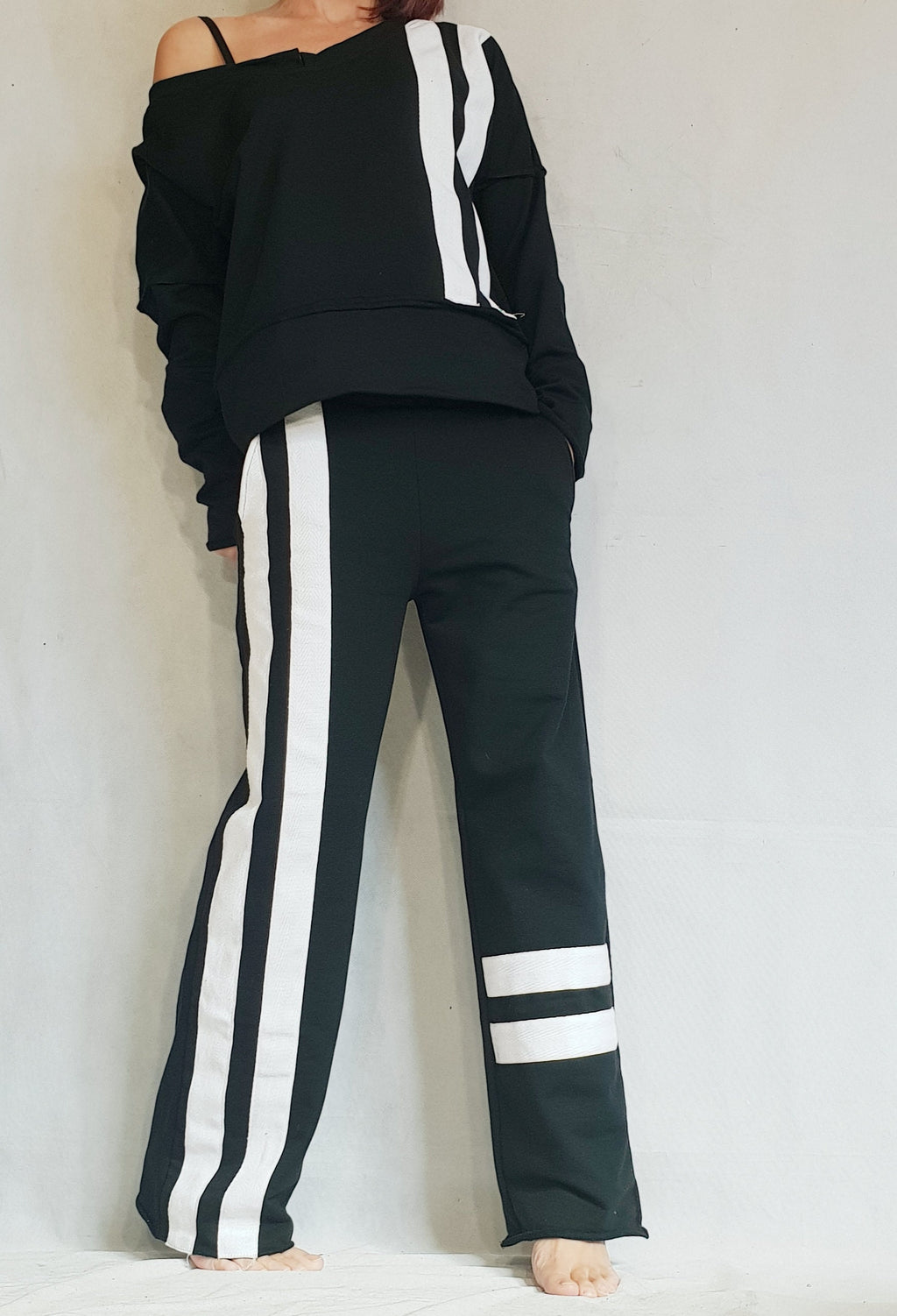 Black Cotton Blouse, White Side Stripe Pants, Casual Sportswear Co-Ord Set