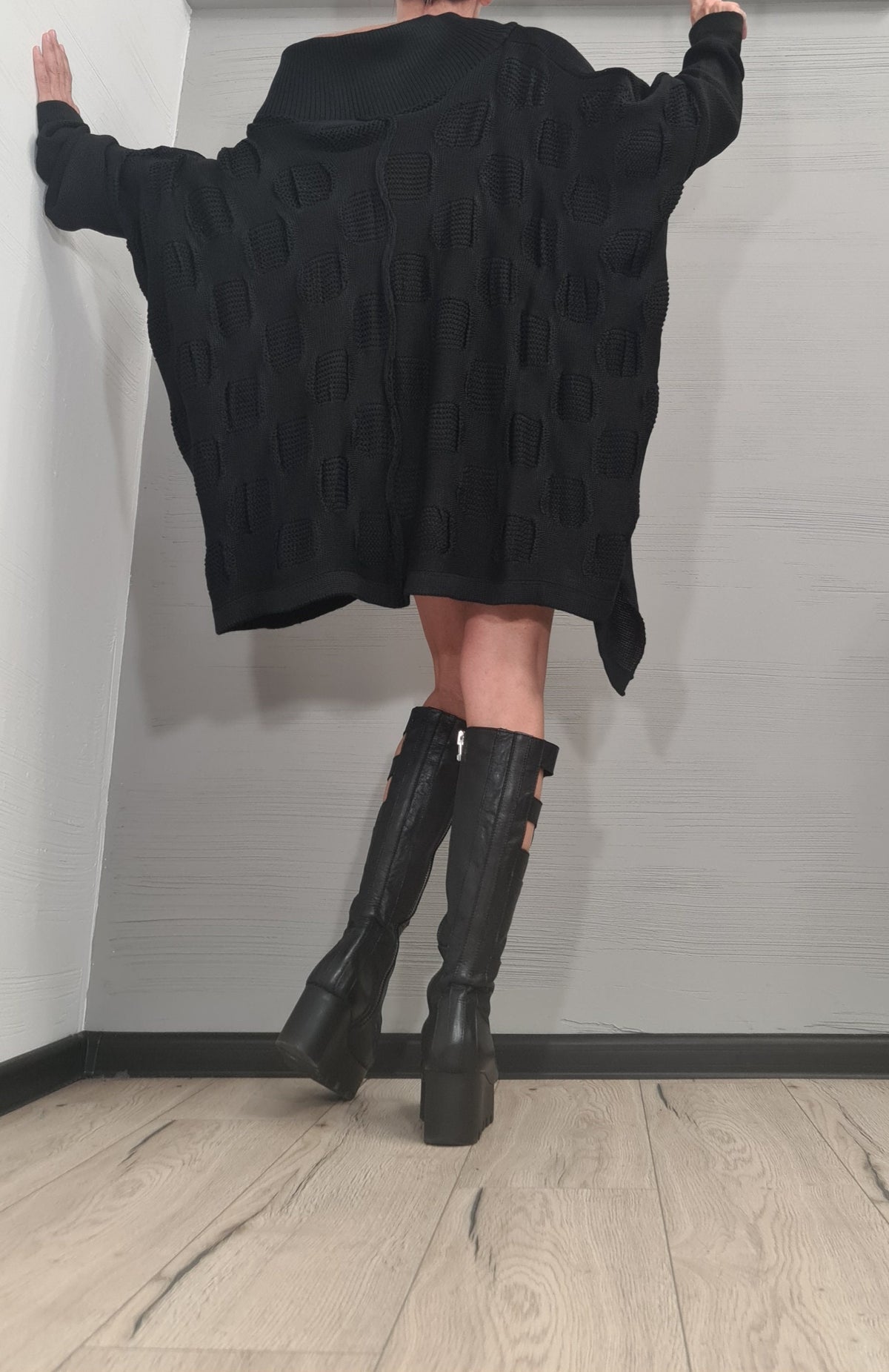 Black Asymmetrical Knitted Tunic, Oversized Long Sleeve Sweater, Plus Size Top