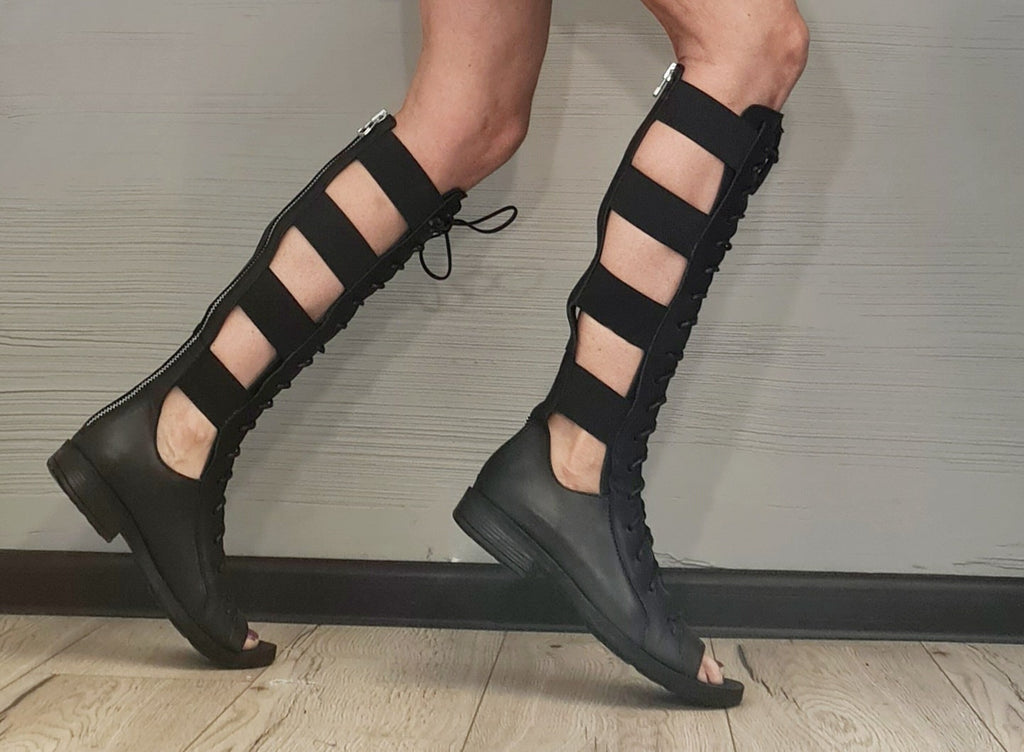 Greek Gladiator Sandals, Knee High Flat Shoes, Open Toe Strappy Boots