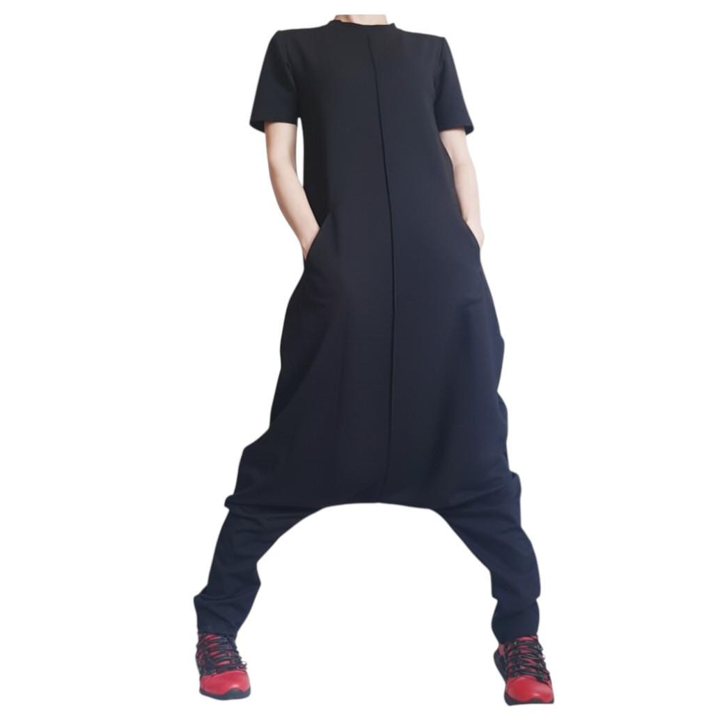 Black Convertible Jumpsuit Dress, Asymmetric Harem Overall, Plus Size Clothing, Women Outfit