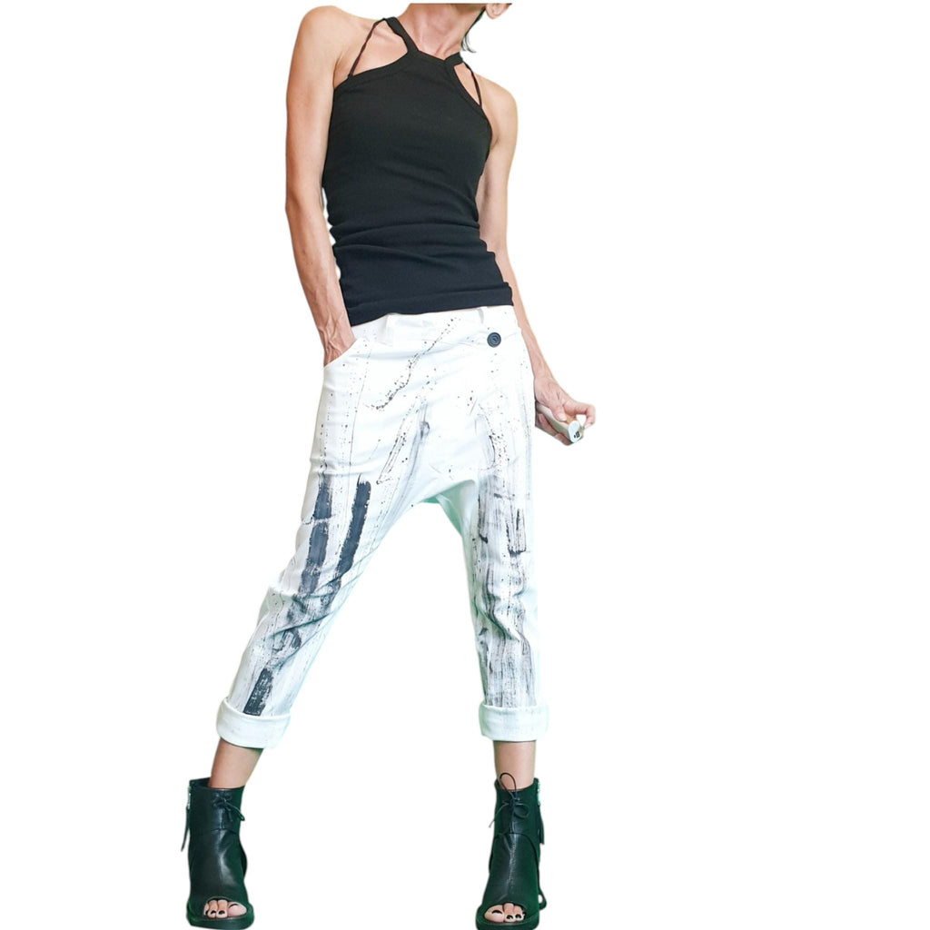 Extravagant White Drop Crotch Pants, Loose Cotton Trousers, Asymmetric Fit